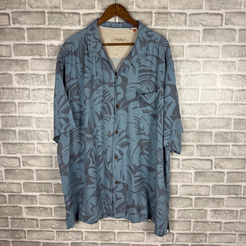 Tommy Bahama Mens 3XL Blue Grey Silk Tropical Leaf Print Camp Shirt Short Sleeve